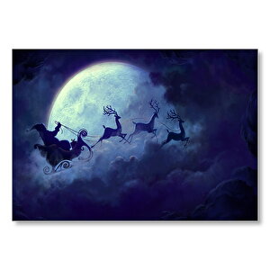 Dolunay Bulutlar Geyikler Ve Noel Baba  Mdf Ahşap Tablo 25x35 cm