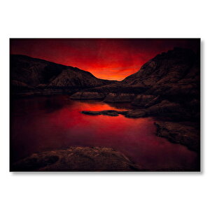 Alacakaranlıkta Dağlar Ve Gölde Yansımalar  Mdf Ahşap Tablo 50x70 cm