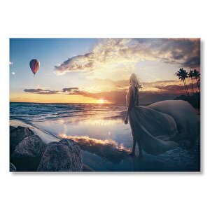 Günbatımı Sıcak Hava Balonu Sahil Ve Kadın  Mdf Ahşap Tablo 50x70 cm