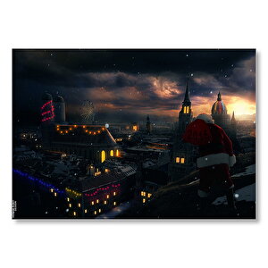 Noel Baba Ve Şehrin Gece Manzarası  Mdf Ahşap Tablo 50x70 cm
