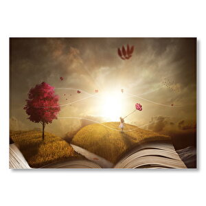 Sonbahar Kız Ve Açık Kitap İllüstrasyon  Mdf Ahşap Tablo