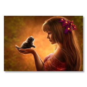Sarışın Kız Ve Yavru Kedi İllüstrasyon  Mdf Ahşap Tablo 50x70 cm