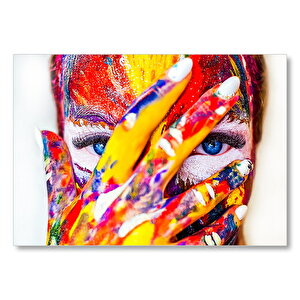 Mavi Gözlü Elleri Ve Yüzü Boyalı Kadın  Mdf Ahşap Tablo 50x70 cm
