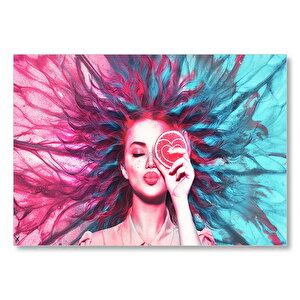 Renkli Saçlı Kız Ve Kalpli Greyfurt Dilimi  Mdf Ahşap Tablo 50x70 cm