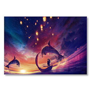 Yunuslar Ve Fantastik Sandalda Romantik Çift  Mdf Ahşap Tablo 50x70 cm