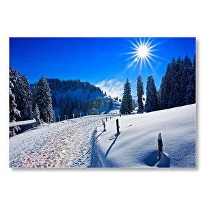 Karla Kaplı Ağaçlar Ve Zirvede Güneşli Bir Gün  Mdf Ahşap Tablo 35x50 cm