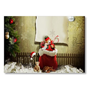 Yılbaşı Hediye Torbası Ve Teddy Bear  Mdf Ahşap Tablo 25x35 cm