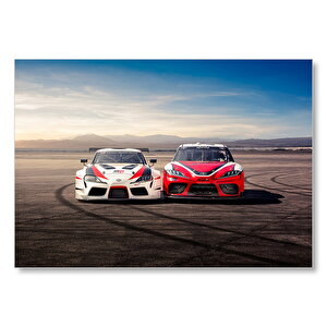 Kırmızı Ve Beyaz Toyota Supralar  Mdf Ahşap Tablo 25x35 cm