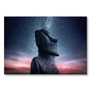 Moai Heykeli Easter Adası Günbatımı Ve Yıldızlı Gökyüzü  Mdf Ahşap Tablo 35x50 cm