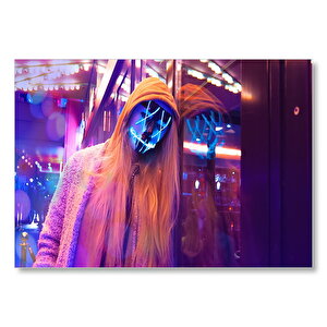 Neon Maskeli Kız Ve Gece Işıkları  Mdf Ahşap Tablo 25x35 cm