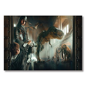 Müzede Bir Gece Çocuk Şövalye Dinozor Ve Mamut  Mdf Ahşap Tablo 35x50 cm