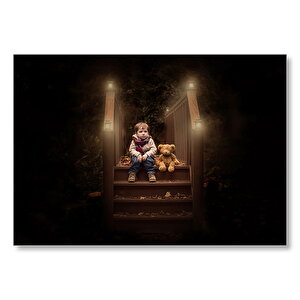 Merdivenlerde Çocuk Ve Oyuncak Ayısı  Mdf Ahşap Tablo 35x50 cm