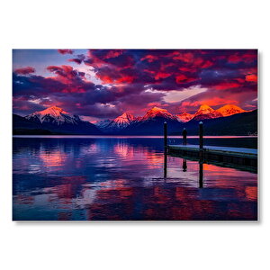 Mor Bulutlar, Gün Batımı, Göl Ve İskeledeki Adam  Mdf Ahşap Tablo 50x70 cm