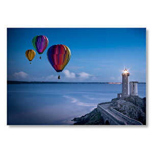 Okyanus Deniz Feneri Ve Sıcak Hava Balonları  Mdf Ahşap Tablo 25x35 cm