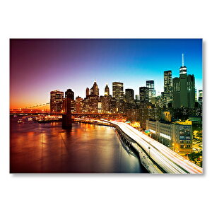 New York Manhattan Köprüsü Ve Gece Manzarası  Mdf Ahşap Tablo 25x35 cm