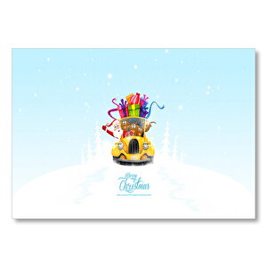 Noel Baba Sarı Araba Mutlu Yıllar  Mdf Ahşap Tablo 35x50 cm