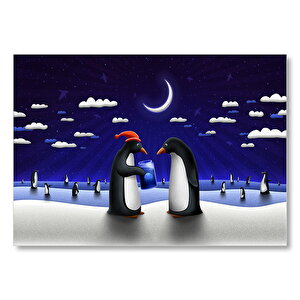 Penguenler Yılbaşı Hediyesi Denizanası  Mdf Ahşap Tablo 35x50 cm
