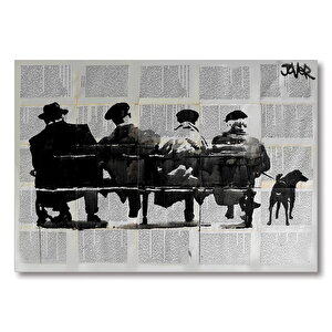 Gazete Küpürü Üstünde Bankta 4 Adam Ve Köpek Mdf Ahşap Tablo 50x70 cm