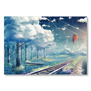Fantastik Gökyüzü Demir Yolları Uçan Balon Beyaz Orman Görseli Mdf Ahşap Tablo 50x70 cm