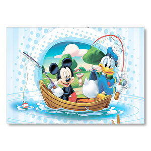 Mickey Mouse Ve Donald Duck Tekne Ile Balık Tutma Mdf Ahşap Tablo 35x50 cm