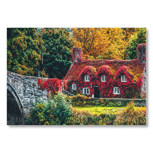 Nehir Köprüsü Ve Sonbahar Renkleriyle Kaplı Ev Mdf Ahşap Tablo 25x35 cm
