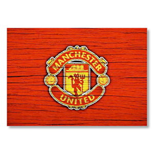Kırmızı Boyalı Zeminde Manchester United Logosu Mdf Ahşap Tablo 35x50 cm