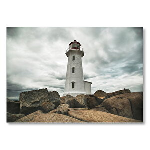 Kayalıklar Deniz Feneri Ve Bulutlu Gökler Mdf Ahşap Tablo 35x50 cm
