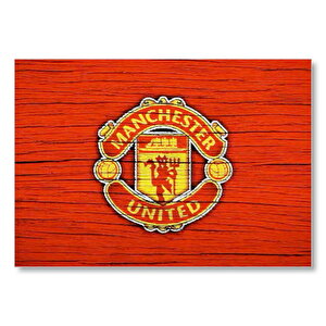 Kırmızı Boyalı Zeminde Manchester United Logosu Mdf Ahşap Tablo 25x35 cm