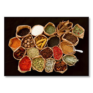 Kağıt Torbalarda Baharatlar Siyah Arka Plan Mdf Ahşap Tablo 35x50 cm