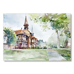 Suluboya Efekt Binalar Ve Ağaçlar Çizim Mdf Ahşap Tablo 35x50 cm