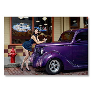 Klasik Otomobil Çekici Kadın Mdf Ahşap Tablo 25x35 cm