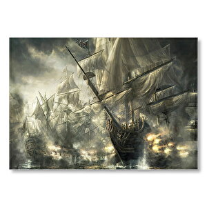 Yelkenli Gemiler İle Deniz Savaşı Çizim Görseli Mdf Ahşap Tablo 50x70 cm
