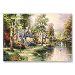 Nehir Boyama Manzara Kahverengi Ve Mavi Evler Mdf Ahşap Tablo 50x70 cm