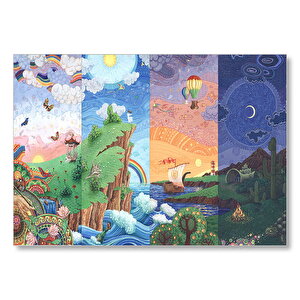Renkli Ada Soyut Resim Sanat Eseri Gökkuşakları Ay Mdf Ahşap Tablo 25x35 cm