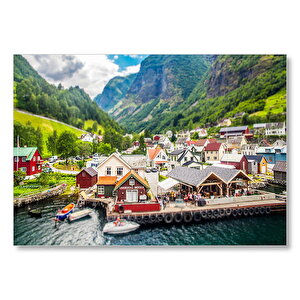 Norveç Alplerinde Göl Kenarındaki Mini Kasaba Mdf Ahşap Tablo 35x50 cm