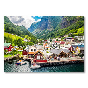Norveç Alplerinde Göl Kenarındaki Mini Kasaba Mdf Ahşap Tablo 25x35 cm