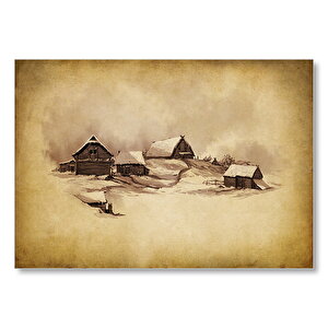 Sarı Zeminde Ahşap Çiftlik Evleri Çizim Görseli Mdf Ahşap Tablo 25x35 cm