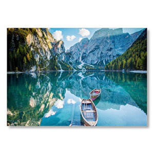 Berrak Dağ Gölü Karlı Dağlar Ve İki Kayık Mdf Ahşap Tablo 25x35 cm