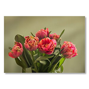 Kırmızı Laleler Ve Yeşil Yaprakları Mdf Ahşap Tablo 25x35 cm