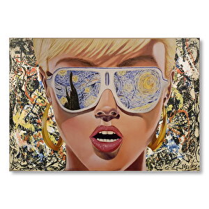 Yıldızlı Gece Desenli Gözlüklü Retro Kız Mdf Ahşap Tablo 35x50 cm