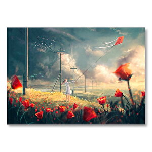 Anime Kız Uçurtmalar Rüzgar Çiçekler Görseli Mdf Ahşap Tablo 35x50 cm