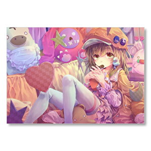 Anime Karakteri Şapkalı Kız Ve Oyuncakları Mdf Ahşap Tablo 25x35 cm