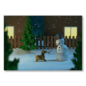 Kardan Adam Ve Oyun İsteyen Köpek Mdf Ahşap Tablo 35x50 cm