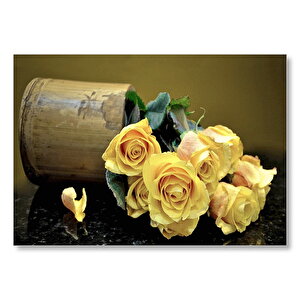 Ahşap Vazodan Dökülen Sarı Güller Mdf Ahşap Tablo 50x70 cm