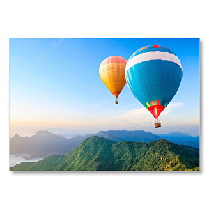 Yemyeşil Dağlar Ve Rengarenk Sıcak Hava Balonları Mdf Ahşap Tablo 25x35 cm