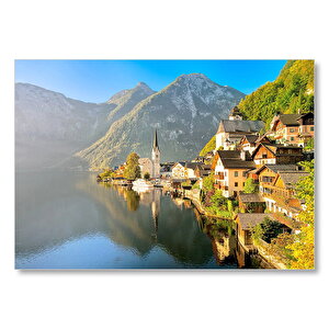 Avusturya Alplerinde Göl Kenarındaki Kasaba Mdf Ahşap Tablo 50x70 cm
