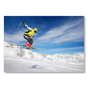 Sarı Ve Beyaz Ceketli Spor Kayakçı Mdf Ahşap Tablo 50x70 cm