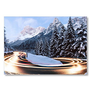 Karlı Orman İçindeki Yol Uzun Pozlama Çekim Mdf Ahşap Tablo 35x50 cm