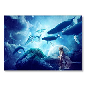 Fantastik Dünyanın Uçan Balinaları Ve Genç Kız Mdf Ahşap Tablo 25x35 cm
