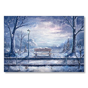 Animasyon Tren Yolu Bank Ağaçlar Kar Görseli Mdf Ahşap Tablo 25x35 cm